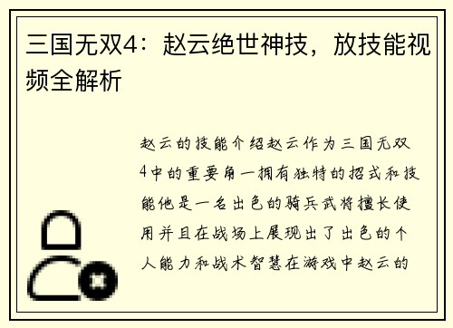 三国无双4：赵云绝世神技，放技能视频全解析